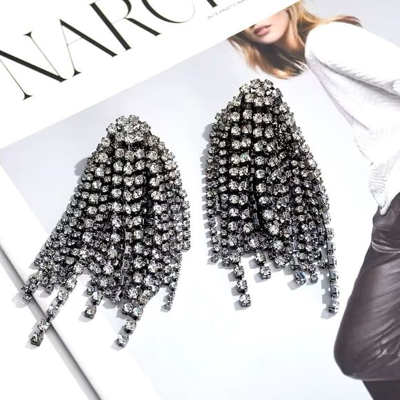 Silver Rhinestone Tassel Fringe Statement Earrings - Picture 6 of 12